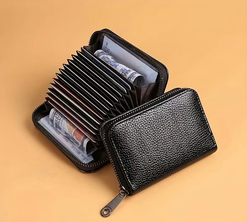 Men's Slim Wallet with Zipper Closure - Faux Leather Organizer with Multiple Card Slots, ID Holder, Anti-Skimming - Slim Minimalist Design for Everyday, Travel,