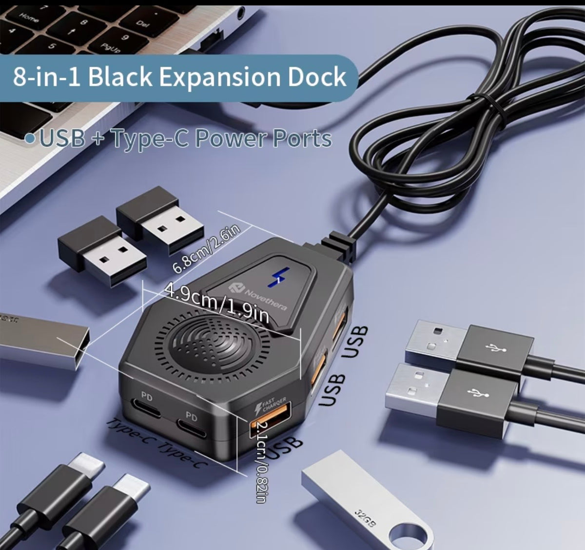 8 Port Smart
USB Hub Fast Data Transfer USB Splitter, PD Type-C Charging USB Expander Driver